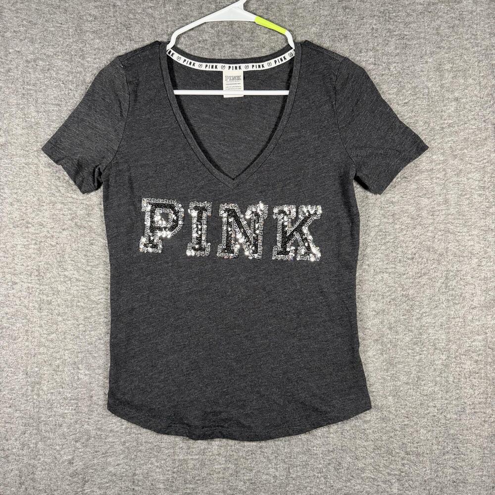 PINK Victoria's Secret Womens XS Gray Sequin Logo V-Neck T Shirt Bling Y2k Style